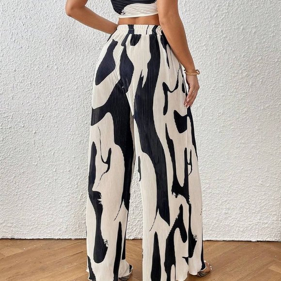 Black & White Boho Womens Graphic Print Halter Top & Wide Leg Pants - Picture 2 of 5
